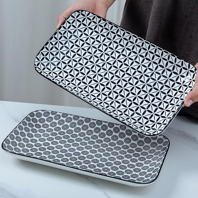 LEHAHA Serving Platters Set of 4, 12" Inch Rectangular Tray, Serving Dishes for Entertaining, Ceramic Serving Trays for Serving Food for Party and Cookies, Microwave & Dishwasher Safe, Black