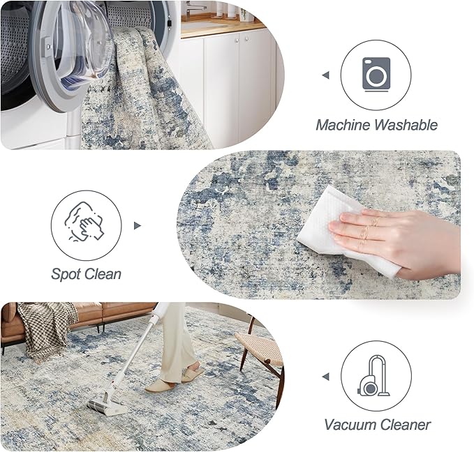 6x9 Abstract Area Rugs for Living Room 6 x 9 Washable Non Slip Low Pile Gray Rugs for Bedroom Dining Room Foldable Thin Blue Yellow