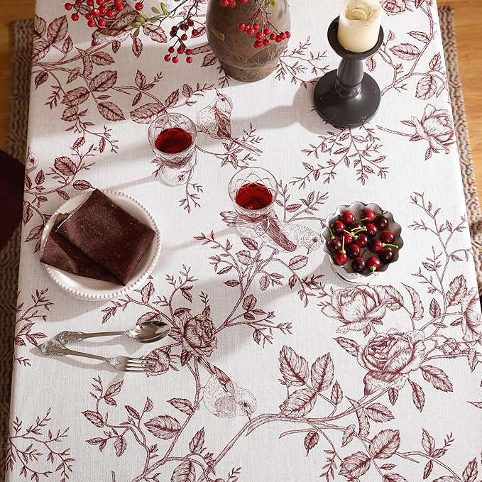ISAENNE Designer Vintage Linen Long Tablecloth Rectangle,Red Floral Pattern Linen Stain Resistant Table Cloth,Decor Tablecloths for Dining Thanksgiving Kitchen Tea Party,63"*102"-Harmony