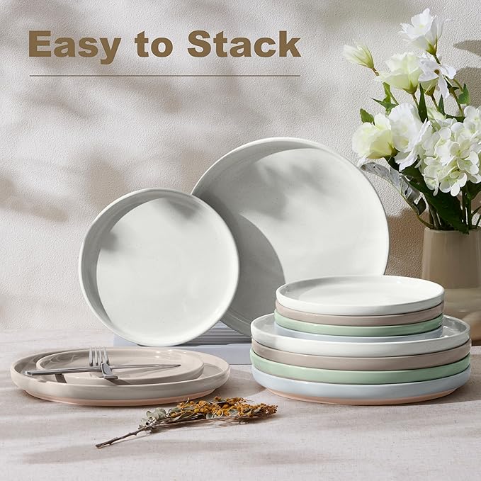 LIANYU Dinner Plates Set of 4, 10.5’’ Large and Round Stoneware Plates, Ceramic Dishes Set for Kitchen Serving Salad, Dessert, Steak, Oven, Microwave & Dishwasher Safe, Scratch Resistant, Fog Green