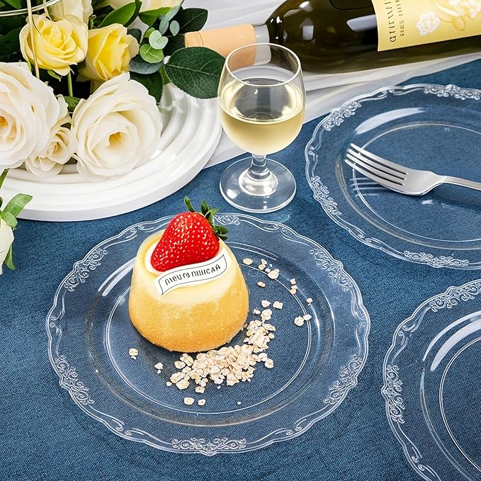 DaYammi 60PCS Clear Plastic Plates Heavy Duty Clear Disposable Plates 7.5” Fancy Dessert Plates Small Cake Plates Appetizer Platos Hard Round Plastic Platos Disposable for Wedding and Party
