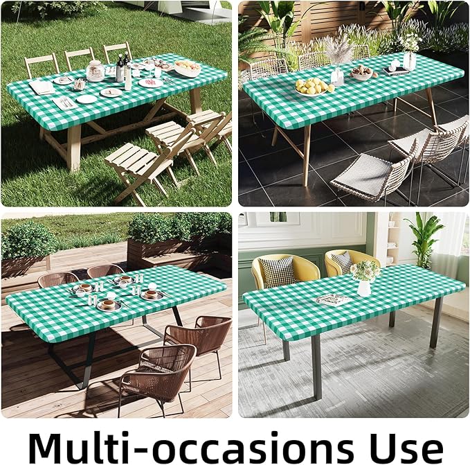 Smiry Rectangle Picnic Table Cloth, Elastic Waterproof Fitted Vinyl Tablecloths, Flannel Backed Buffalo Plaid Table Covers for Dining, Camping, Outdoor (White and Green, 30" x 48")