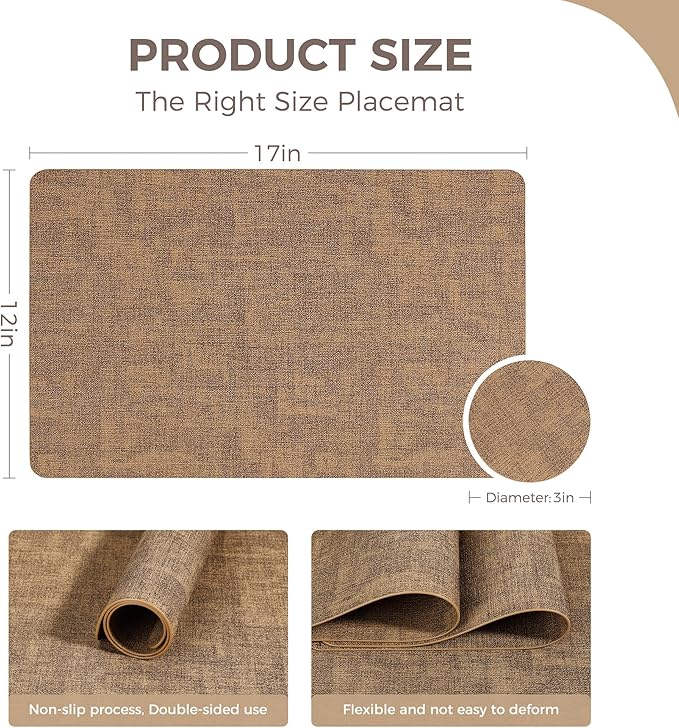 Vinyl Placemats Set of 8, Faux Leather Waterproof and Heat Resistant Place Mats, Washable Anti-Slip Table Mats with Coaster, Wipeable Placemats for Indoor & Outdoor 17" x 12" (Light Brown, Set of 8)