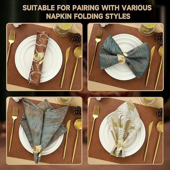 Large Napkin Rings, Shiny Gold Napkin Rings Set of 12, Study Metal Leaf Shaped Table Decor, Stylish Fall Napkin Ring Bulk for Christmas, Easter, Wedding, Party, Elegant Table Settings Gift