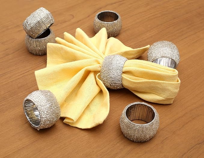 ALPHA Living HOME Beaded Napkin Rings Set of 12- Beaded Napkin Holders for Christmas, Thanksgiving, Holiday Party, Dinner PartyWeddings, Parties, Family Gatherings, and Table Décor - Silver