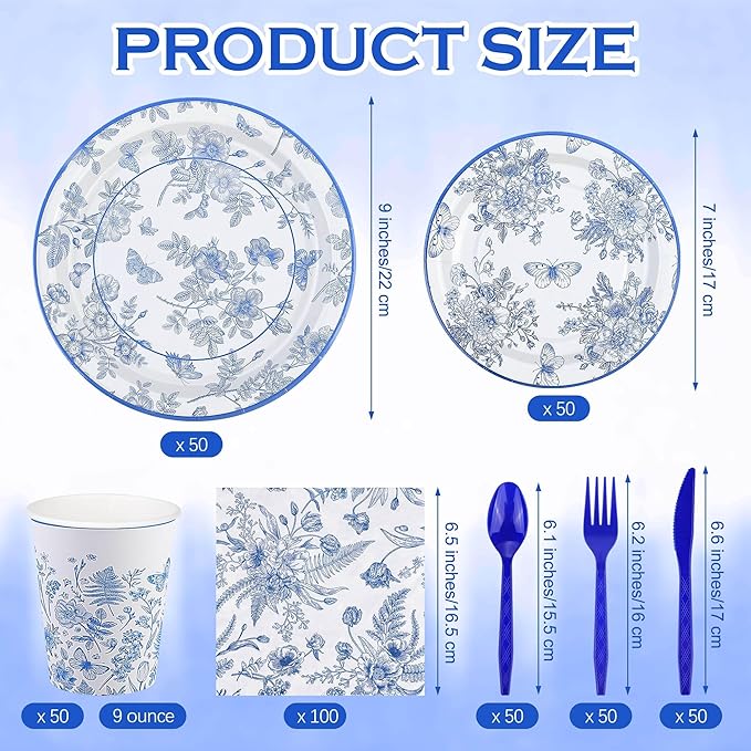 Kochorie 400 Pieces Blue and White Flower Disposable Party Tableware Sets Including Plates Cups Napkins Cutlery Serves 50 for Wedding Birthday Baby Shower Party Decorations