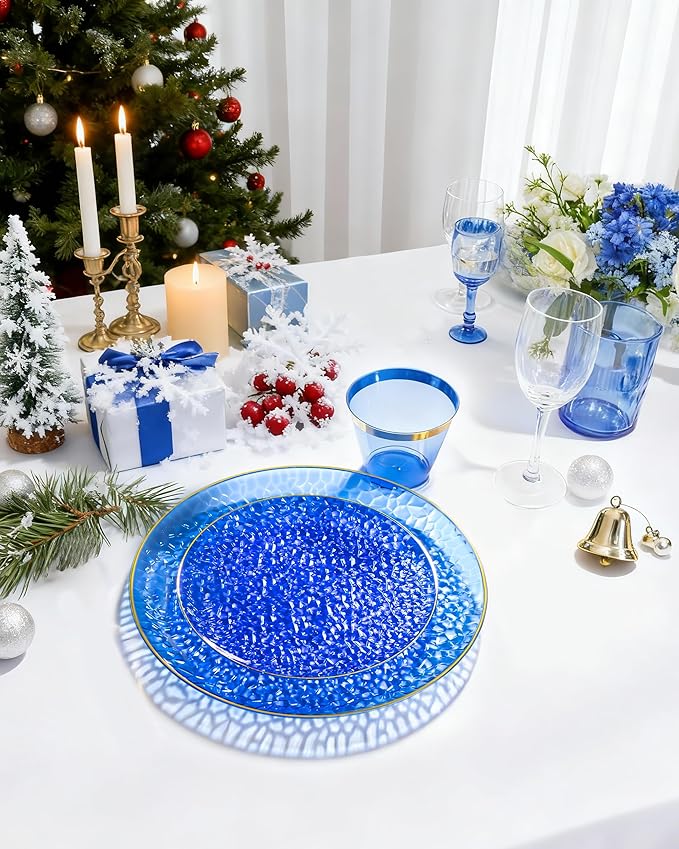 Hioasis 60pcs Blue Plastic Plates - Gold Rimmed Disposable, Hammered, Heavy-duty Dinnerware Set Suitable for 30 Guests, 10.25" Dinner & 7.5" Dessert Plates for Party & Wedding