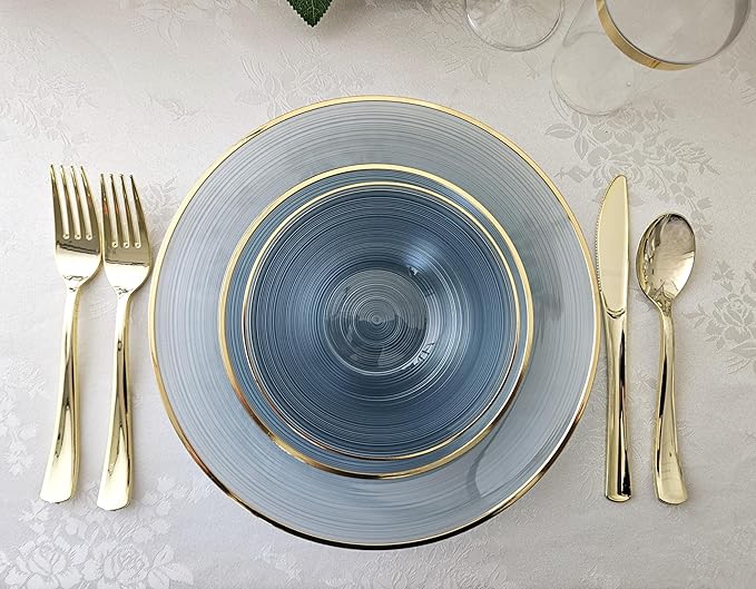 " OCCASIONS " 50 Plates Pack (25 Guests)-Wedding Party Disposable Plastic Plate Set -25 x 10'' Dinner + 25 x 7'' Salad & Dessert plates (Belize in Blue & Gold)