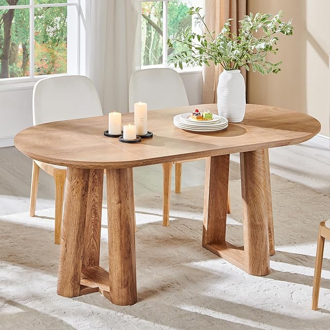 OKD 63" Dining Table for 6-8, Oval Dining Room Table with Triangular Structure Pedestal Stable Base, Curved Table Edge, Circle Kitchen Tables for Dining Room, Kitchen, Light Tree Knot