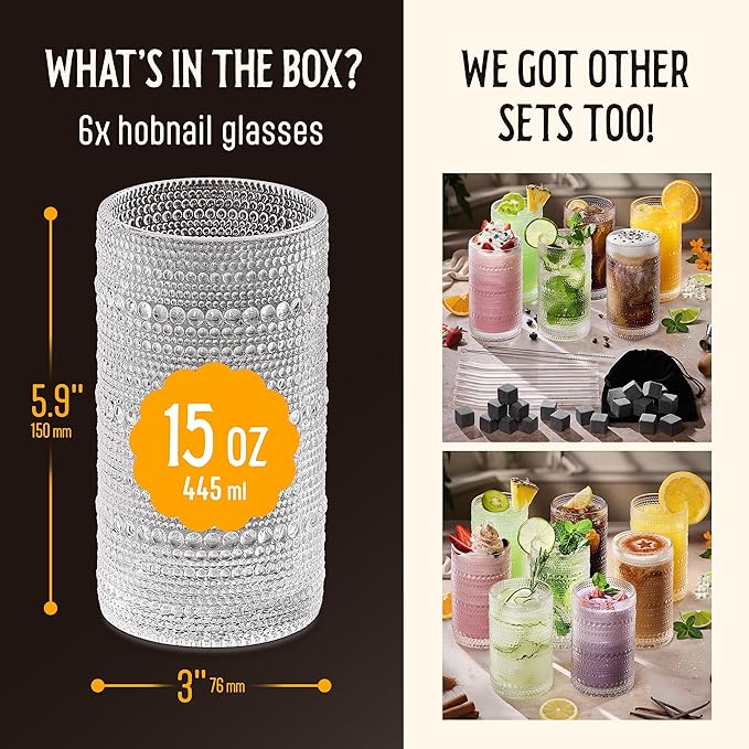 15 Oz Hobnail Drinking Glasses Set of 6 - Clear Multipurpose Glassware Sets, Decorative & Stylish Glasses Drinking Set for Bar, Kitchen, Cocktail Glassware, Garden - Home, Dining, & Kitchen