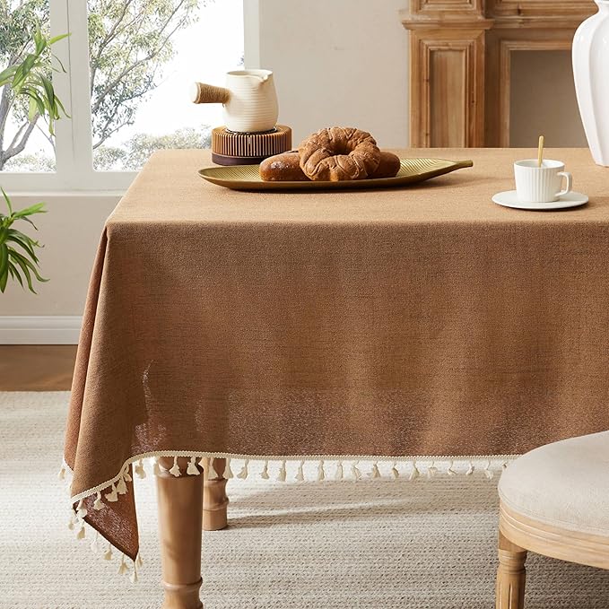 Linen Tablecloth with Tassels, Farmhouse Style Brown Tablecloth, Water Resistant Burlap Tablecloths for Rectangle Table, 60x104 Inch Caramel