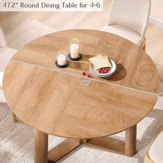 OKD 47" Dining Table for 4-6, Round Dining Room Table with Triangular Structure Pedestal Stable Base, Curved Table Edge, Circle Kitchen Tables for Dining Room, Kitchen, Light Tree Knot