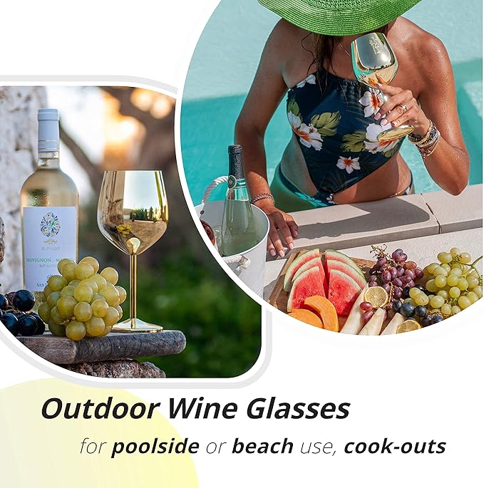 Gusto Nostro Stainless Steel Wine Glass - 18 oz Unbreakable Gold Wine Glasses for Travel, Camping and Pool - Fancy, Unique and Cute Portable Metal Wine Glass for Outdoor Events, Picnics (Set of 2)