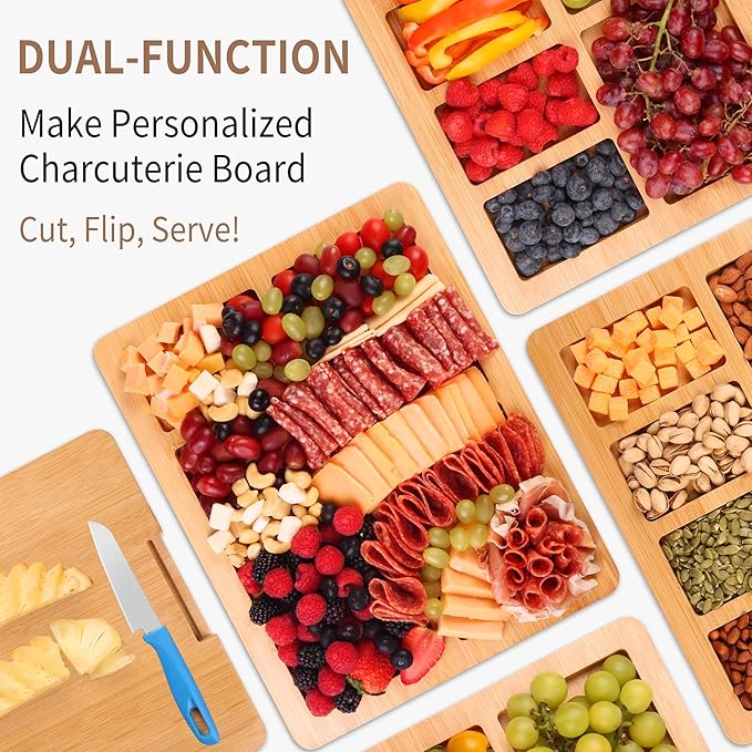 Charcuterie Board with Lid and Handle - Portable Travel Design Bamboo Cheese Board Set with 4 Cheese Tools, Gift for Housewarming, Weddings, Picnics(6 Compartments, White)