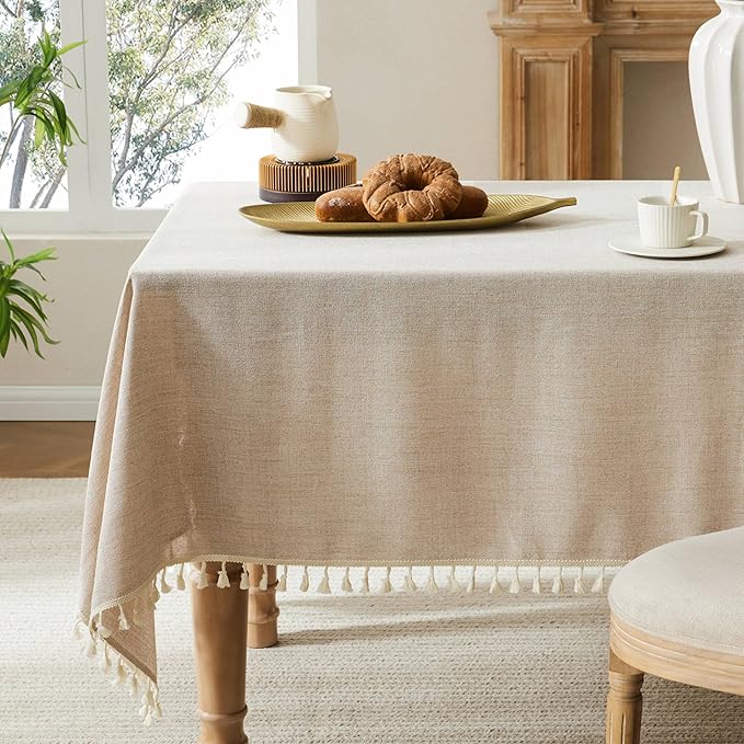 Linen Tablecloth with Tassels, Farmhouse Style Beige Tablecloth, Water Resistant Burlap Tablecloths for Square Table, 60x60 Inch Natural