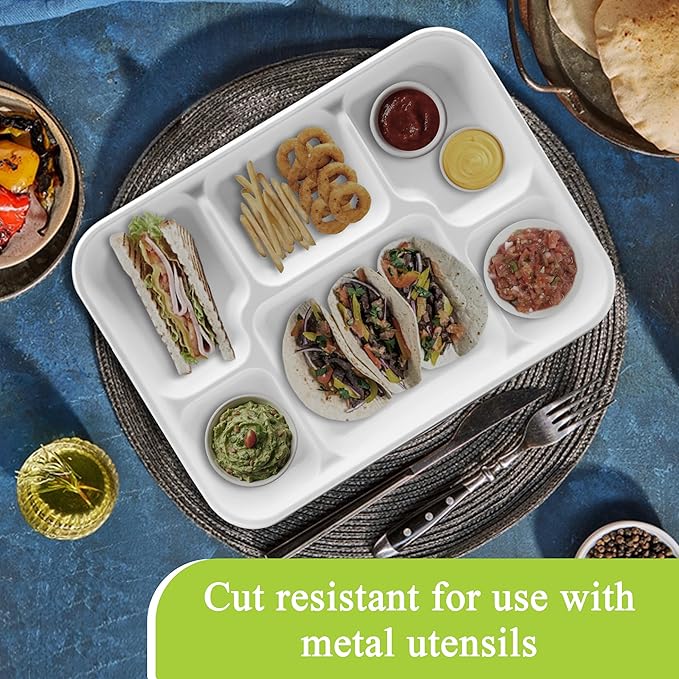 three leaf 6 Compartment Bagasse Tray 100 Ct. Heavy Duty, Super Strong,Eco Friendly Disposable Bagasse Plates,100% Biodegradable Plates, Microwave and Freezer Safe, Ideal for Party, Dinner and Picnic