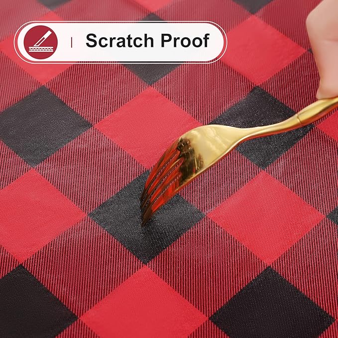 misaya Rectangle Waterproof Vinyl Table Cloth, Buffalo Flannel Backed Tablecloth, Wipeable Plastic Table Cover for Christmas (60" x 84", Red and Black)
