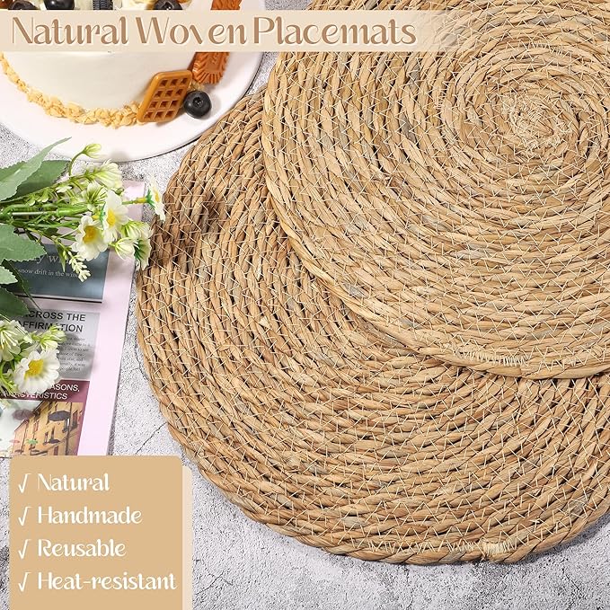 Aneco 4 Pack 13.8-Inch Round Woven Placemats Natural Hand-Woven Boho Rattan Wicker Bulrush Placemat Farmhouse Rustic Braided Table Mats for Dining & Kitchen Decor