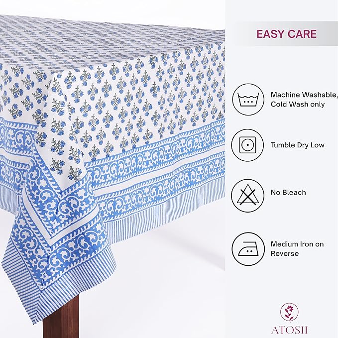 ATOSII Gulbahar Blue 100% Cotton Fall Rectangle Tablecloth, Hand Block Print Washable Table Cover, Christmas Parties Buffet Dining, Weddings, Thanksgiving Easter Home Decor, 60 X 90 Inches 6 Seater