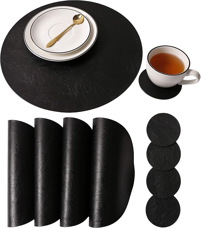 Set of 6 Embossed PU Leather Placemats, Waterproof Coffee Coasters, Kitchen Table Mats, Easy to Wipe Off for Dining Round Table