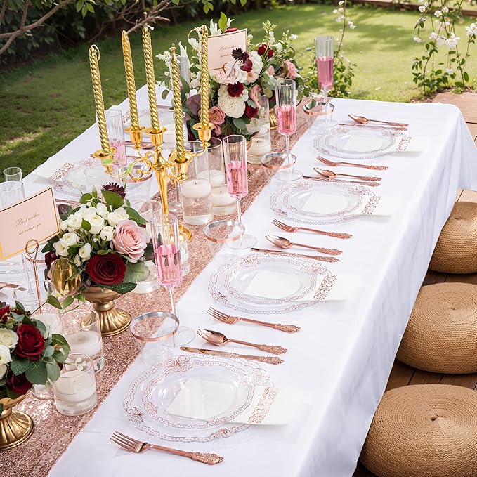 Ciaell 175 PCS Rose and Gold Plastic Plates - Fancy Rose Gold Disposable Dinnerware Set with of 50 Plates, 25 Knives, 25 Forks, 25 Spoons, 25 Cups, 25 Napkins for Wedding & Party