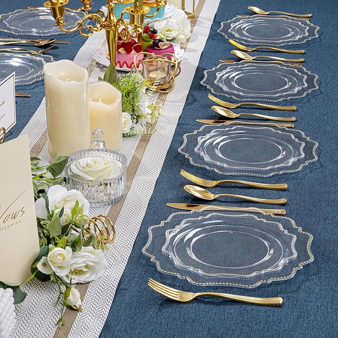 COLOSUS 100pcs Clear and Gold Plastic Plates Disposable Heavy duty Plastic Party Plates set Include 50 dinner plate and 50 dessert/salad plate for party/wedding