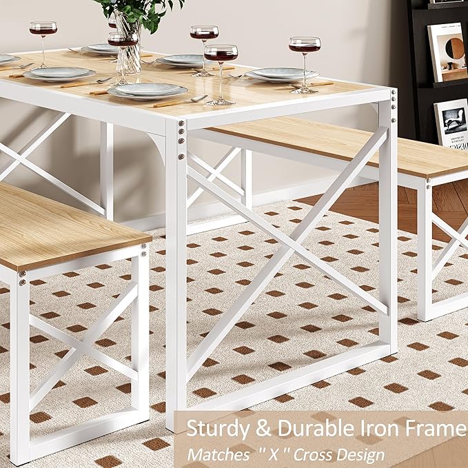VECELO Kitchen Dining Table Sets for 6, 55" Wood Dinette 2 Benches with Metal Frame for Dinner Breakfast Nook and Small Space, Oak