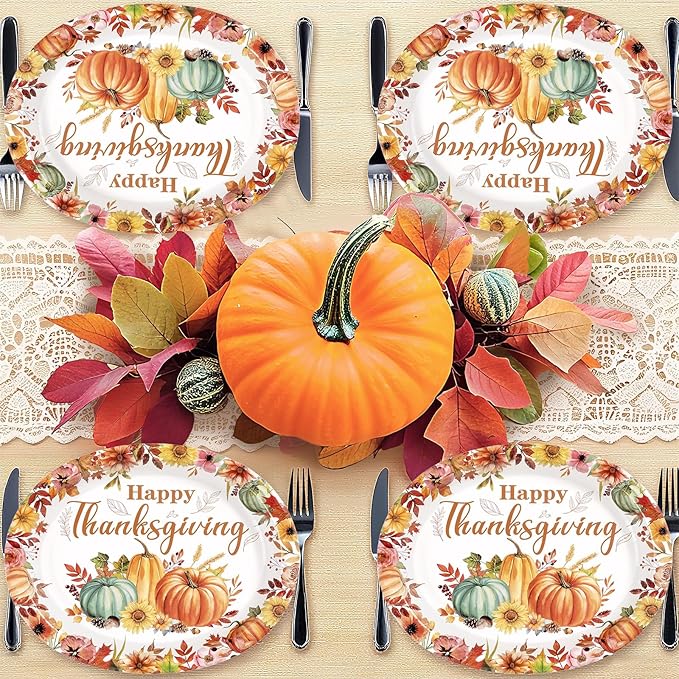 Grencian 50Pcs Thanksgiving Oval Paper Plates 12" X 10" Large Heavy Duty Disposable Fall Pumpkin Flowers Plates Autumn Give Thanks Platter for Fall Harvest Holiday Thanksgiving Party Decorations