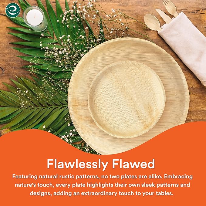 ECO SOUL 100% Compostable Palm Leaf Dinnerware Set For 75 Guests [10", 6" Round plates 75 Count each | Fork, Knife, Spoon,100 Count each] | Biodegradable Disposable Utensils for Wedding, Parties & BBQ