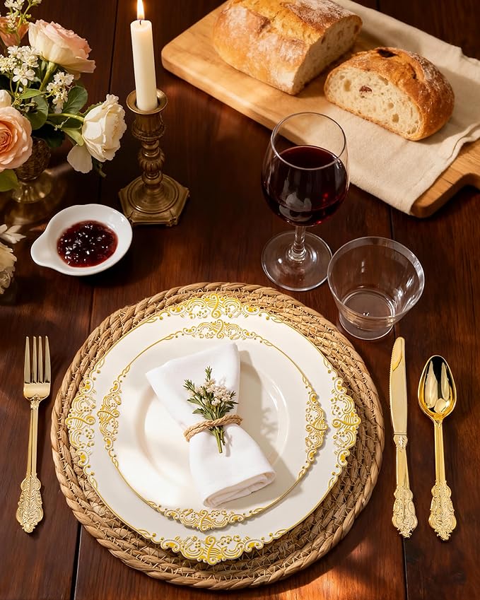 Nervure 175PCS Ivory Plastic Plates - Ivory Gold Plastic Dinnerware Sets for 25 Guests - 50 Ivory Disposable Plates, 25 Pre Rolled Cutlery Set, 25 Cups Perfect for Wedding, Party