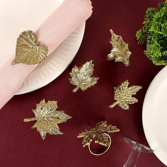 CLEENTABLEThanksgiving Napkin Rings Set-12 Pcs Fall Napkin Holders Metal Leafs Rings Holders Buckle Table Decor for Autumn Thanksgiving Halloween Wedding Home Party Supplies Antique Gold