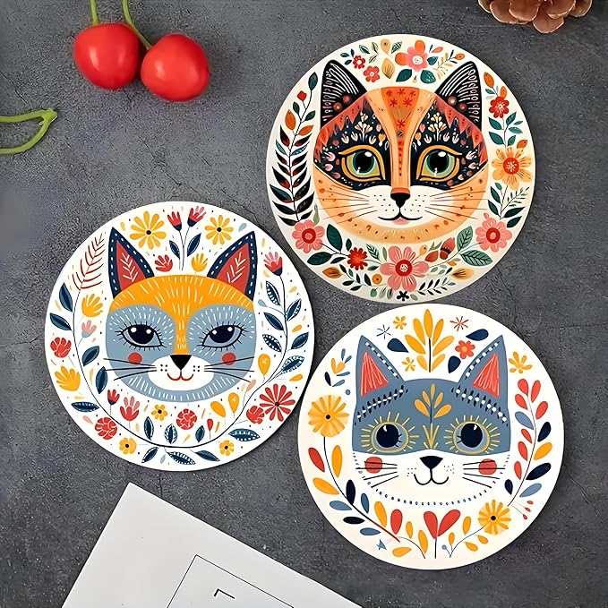 Wood Coasters Set of 6 - Handcrafted Drink Coaster Thick Heat-Resistant for Office, Bar, Farmhouse - Cute Cat Drink Cup Coasters for Table Protection