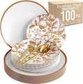 Trendables Fancy Plastic Dinnerware Sets 100 Pc Set 20 Guests Gold Silverware Disposable 20 X 10 Inch Charger Plates 20 X 8 Inch Dessert Plates 20 x Gold Plastic Forks and Spoons Knives In Pomegranate