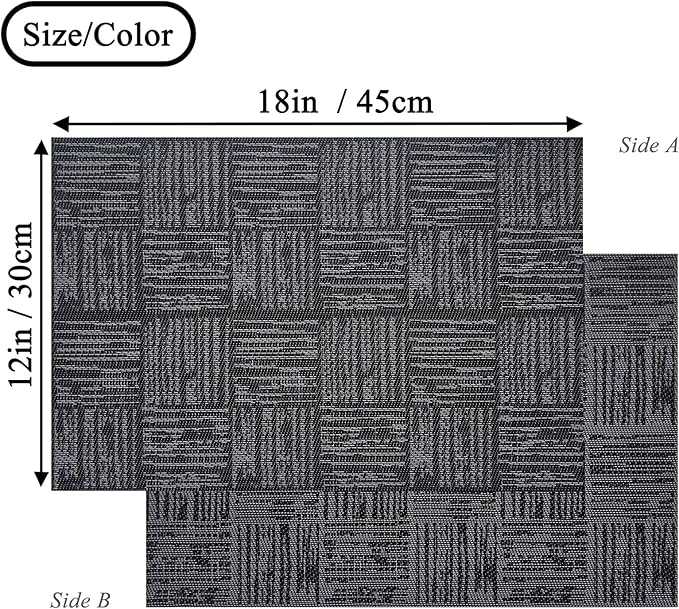 Placemats Set of 4 Plastic Vinyl Place Mats No-Slip Wipeable Table Mats Daily Use Patio Kitchen Decoration (18"x12", Black)