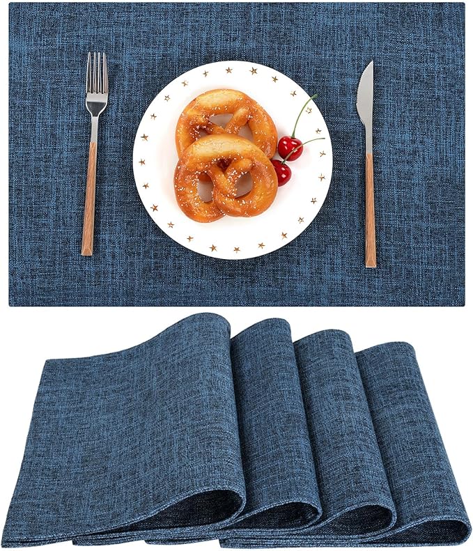 SHACOS Washable Cloth Placemats Set of 6 Fabric Place Mats Double Layered Thick Faux Linen Placemat Non Slip Reversible Table Mats Home Wedding Table Decor, Dark Blue