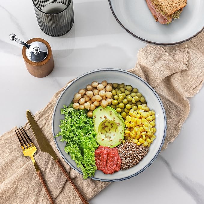 GBhome 8.5'' Large Pasta Bowls, 38 Ounce Stoneware Salad Bowls for Kitchen, Ceramic Serving Bowls With Textured Pattern for Pasta,Fruit, Stews,Noodle, House-warming Gift,Set of 4
