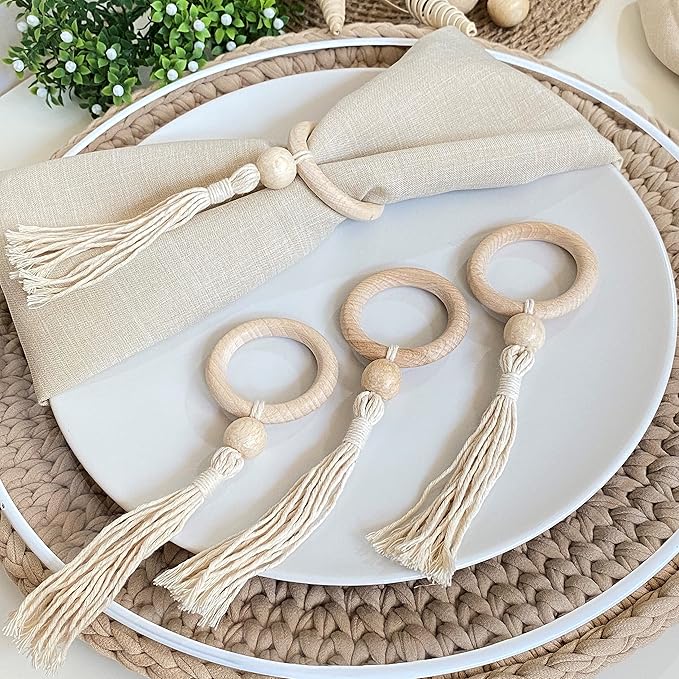 Napkin Rings Set of 6 - Wooden Beads Napkin Rings | Rustic Wooden Napkin Ring Holder for Table Decoration | Handmade LEBEJUA Napkin Ring with Wood Bead & Tassels Farmhouse Napkin Holder Boho Style