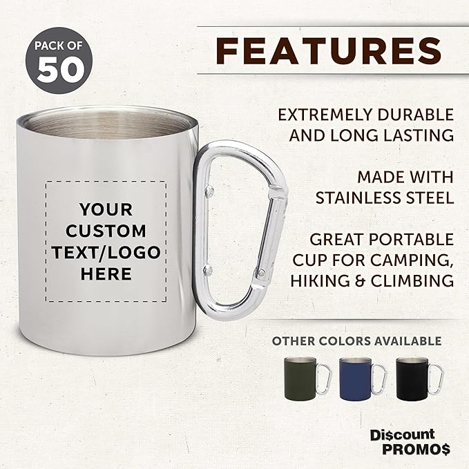 Custom Stainless Steel Mugs with Carabiner Handle 10 oz. Set of 50, Personalized Bulk Pack - Perfect for Coffee, Soda, Other Hot & Cold Beverages - Silver