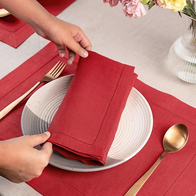 D'Moksha Homes Bright Red Linen Napkins Set of 8 - Classic Hemstitch 100% Pure Linen Hemstitch Dinner Napkins 20 x 20 Inch for Valentines, Spring, Easter - Handcrafted and Machine Washable