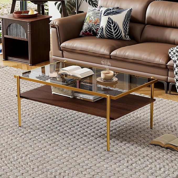 Mid Century Modern 2-Tier Coffee Table with Gray Tempered Glass Top & Wood Storage Shelf – Space-Saving Center Table for Living Room, Apartment & Small Spaces (Golden)