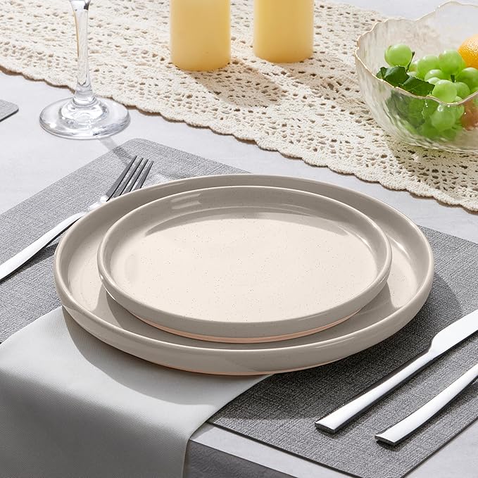LIANYU Stoneware Dinner Plates Set of 4, 10.5 Inch Porcelain Kitchen Plates, High Edge Flat Dishes Set for Steak, Salad, Dessert, Microwave & Dishwasher & Oven Safe, Scratch Resistant, Milky Brown