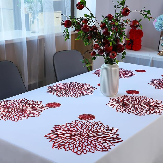 Snowkingdom 6 Pack Red Placemats Metallic Shiny Pressed Vinyl Dining Mats Round Leaf Floral Mother's Day Table Decoration for Halloween Christmas Valentine's Day Weddings Holiday Celebrations