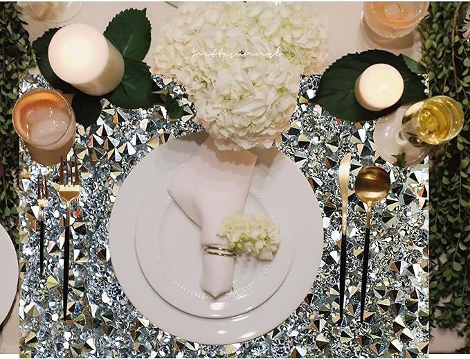 Silver Heat Resistant Square Placemats - Set of 4 with Rhinestone Decor and Sparkly Bling
