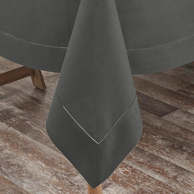D'Moksha Homes Charcoal Grey Linen Tablecloth for Rectangle Tables 60 x 90 Inch - 100% Pure Linen Grey Table Cloth - Classic Hemstitch, Machine Washable Tablecloth for Spring, Easter