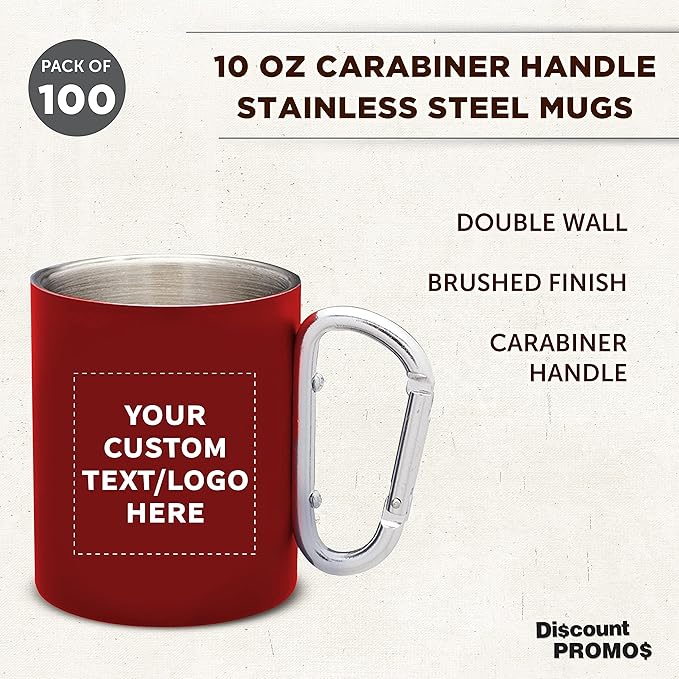 Custom Stainless Steel Mugs with Carabiner Handle 10 oz. Set of 100, Personalized Bulk Pack - Perfect for Coffee, Soda, Other Hot & Cold Beverages - Red