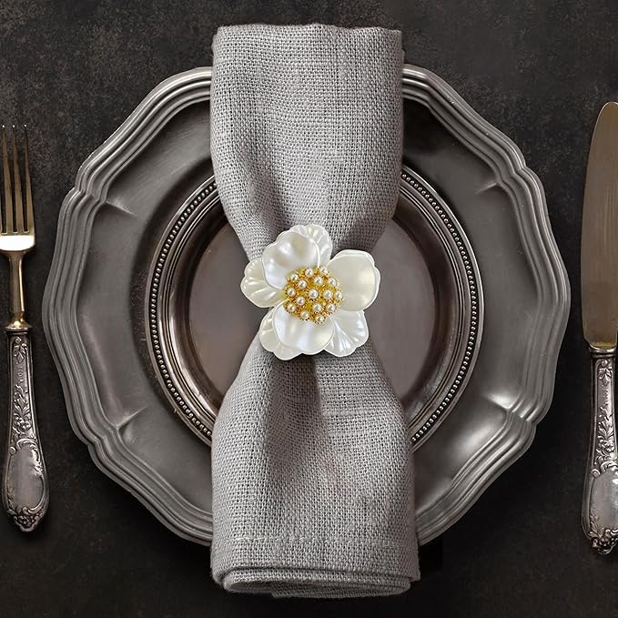 Decozen Set of 16 White Gold Napkin Rings in Floral Design, Festive, Table Decor Setting for Holiday, Wedding, Birthday, Kitchen, Home Decor, Housewarming Gift - Mothers Day Decorations