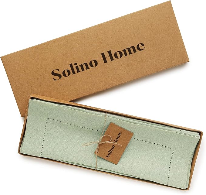 Solino Home Linen Cloth Placemats Set of 6-100% Pure Linen Hemstitch Sage Green Placemats 14 x 19 Inch - Classic Hemstitch Table Place Mats for Winter, Spring, Easter, St Patricks Day