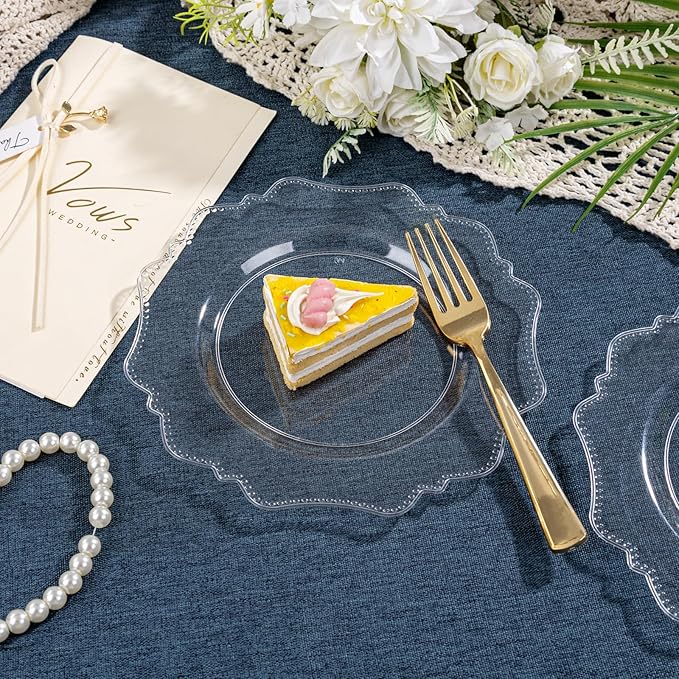 COLOSUS 100pcs 7.5 Inch Clear Plastic Dessert Plates-Heavy Duty Disposable Plastic Cake Plates,Premium Salad Plate,Fancy Disposable Cake Plate for Party for Party Thanksgiving and Everyday Use
