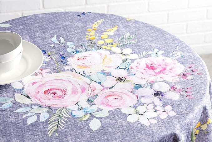 Maison d' Hermine Table Cloth Round Table 100% Cotton 63 Round Inches Tablecloth Reusable Decorative for Dining Room Home Valentines Day Decorations Spring Summer- Sweet Rose Lavender - Country Garden