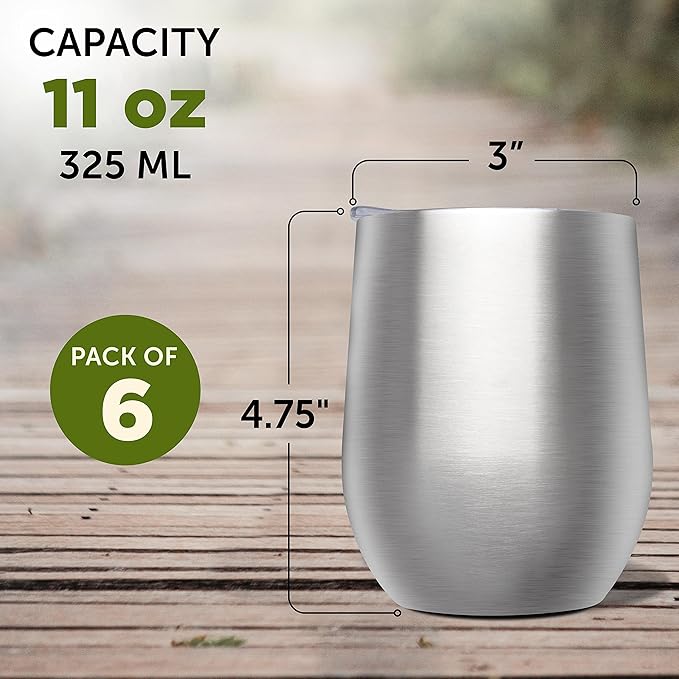 DISCOUNT PROMOS Stemless Wine Glass Tumblers with Lids by Largo 11 oz. Set of 6, Bulk Pack - Perfect for Wine, Cocktails, Other Hot & Cold Beverages - Silver